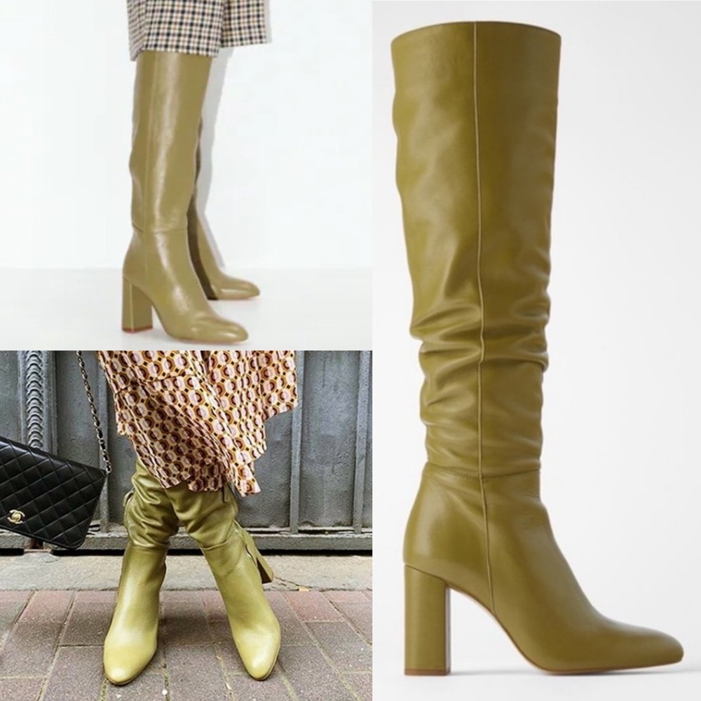 🆕 Zara🍃High Leg Over the Knee Leather Block Heel Boots in Khaki Sage Sz 6